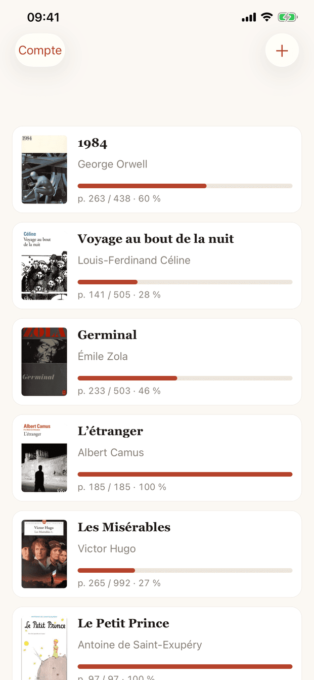 La bibliothèque : chaque livre avec sa couverture et sa progression