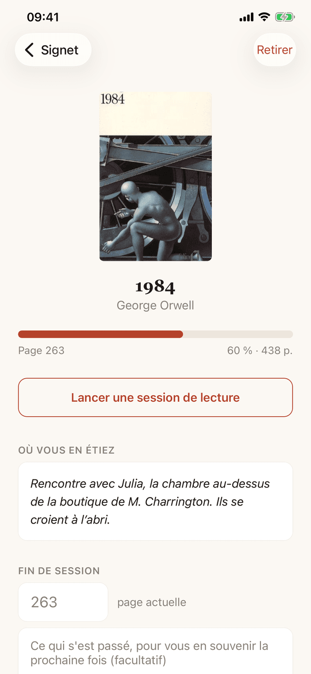 La fiche d’un livre : progression, dernier résumé et saisie de la page