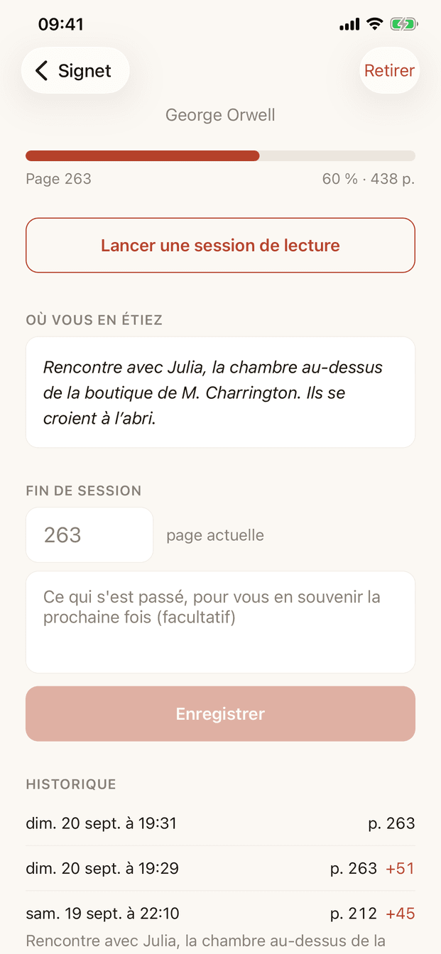 L’historique des sessions de lecture avec leurs résumés